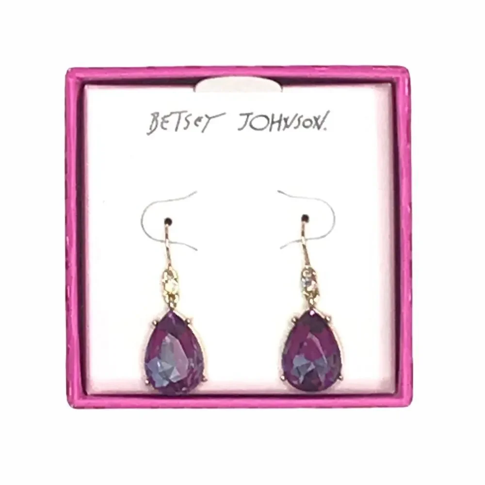 Betsey Johnson Tear Drop Stone Drop Earring Purple Gold Tone - Picture 5 of 5